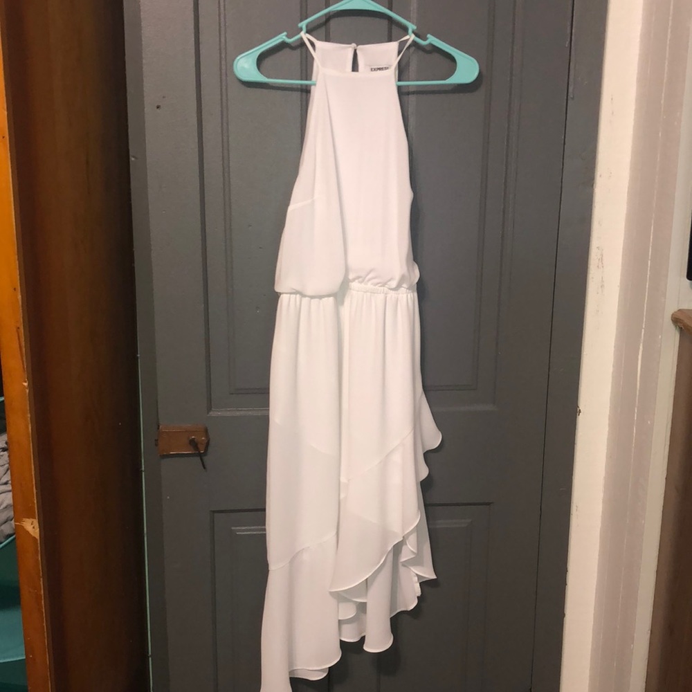 High Neck Asymmetrical Ruffle Wrap Midi Dress